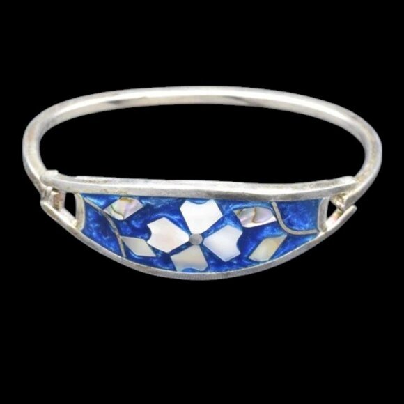 Vintage Alpaca Mexico Flower Silver Tone Enamel MOP Bracelet - Picture 1 of 4